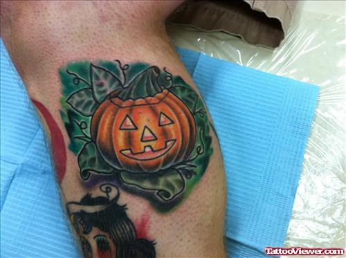 Color Ink Halloween Pumpkin Tattoo On Leg