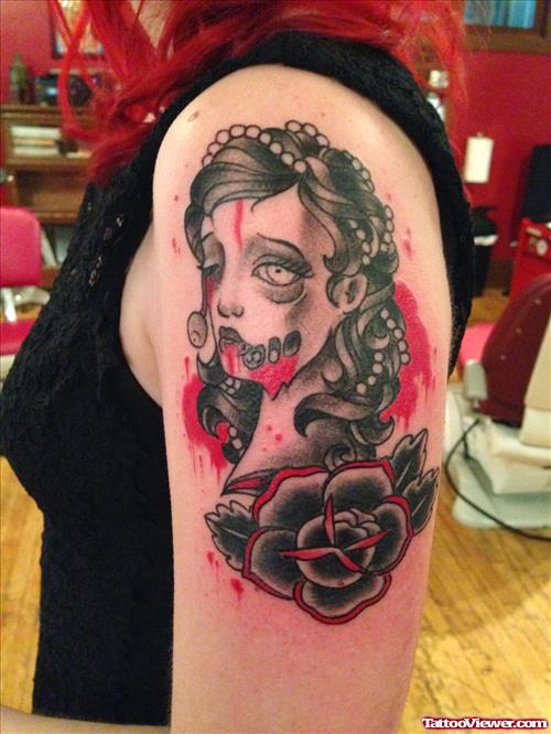 Black Ink Halloween Girl Head Tattoo On Girl Left Shoulder