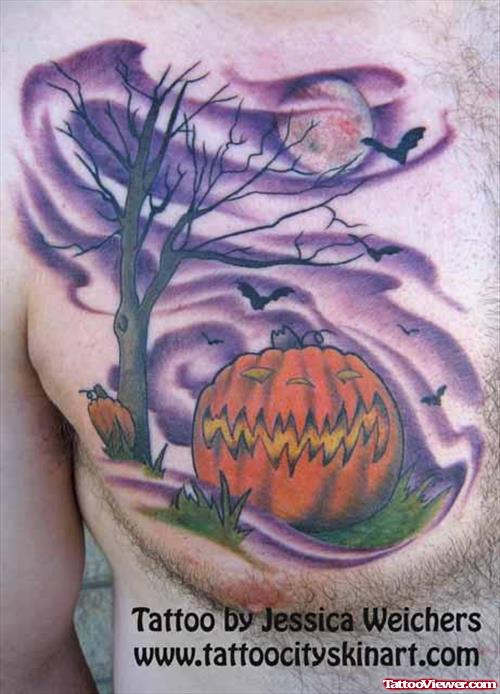 Halloween Tattoo On Man Chest
