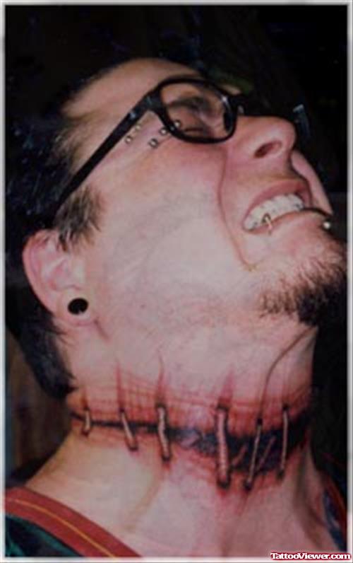 Halloween Stitches Tattoo On Neck