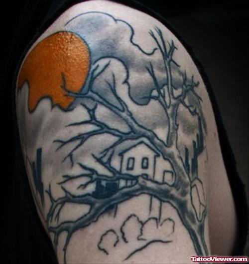 Grey Ink Tree And Moon Halloween Tattoo On Half Sleeve
