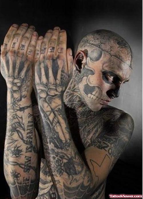 Grey Ink Halloween Tattoo On Man Full Body