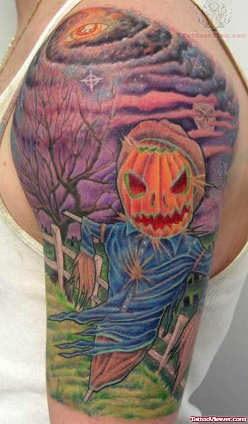 Colored Halloween Tattoo On Man Sleeve