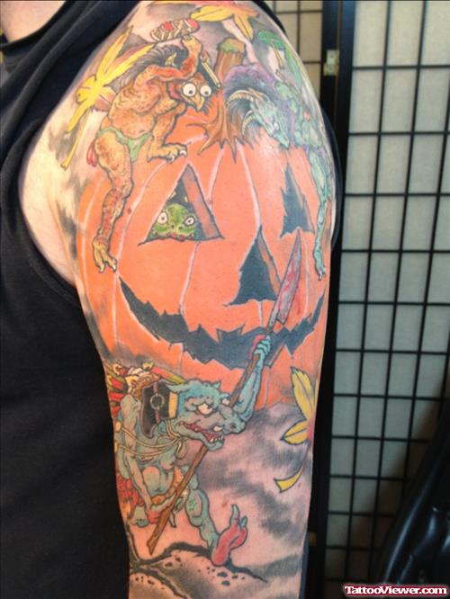 Colored Halloween Tattoo On Left Half Sleeve