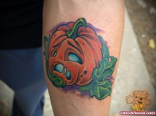 Color Ink Pumpkin Halloween Tattoo On Left Forearm