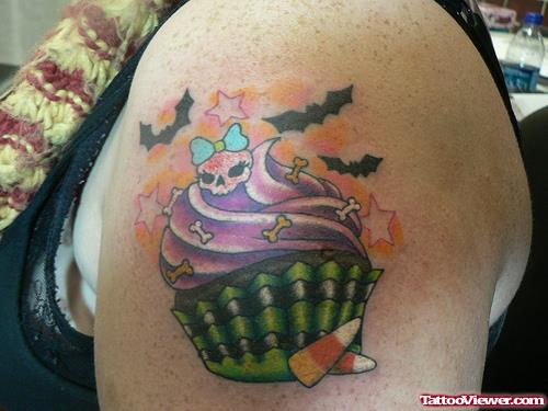 Color Ink Cupcake Halloween Tattoo On Shoulder
