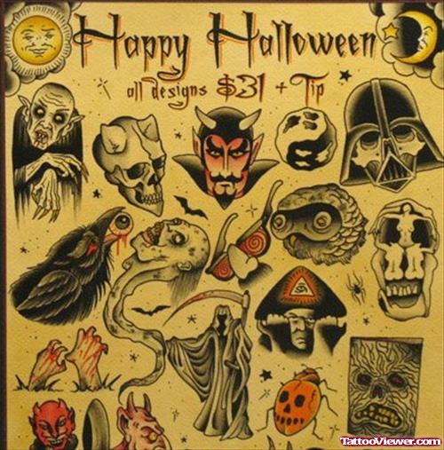 Color And Grey Ink Halloween Tattoos Designs