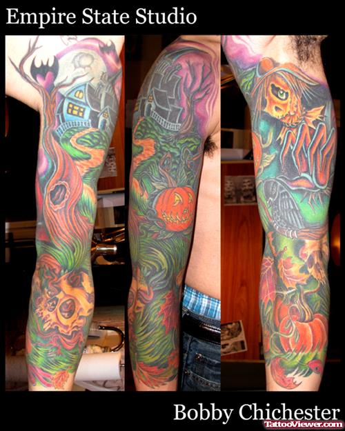 Classic Colored Halloween Tattoo On Full Sleeve