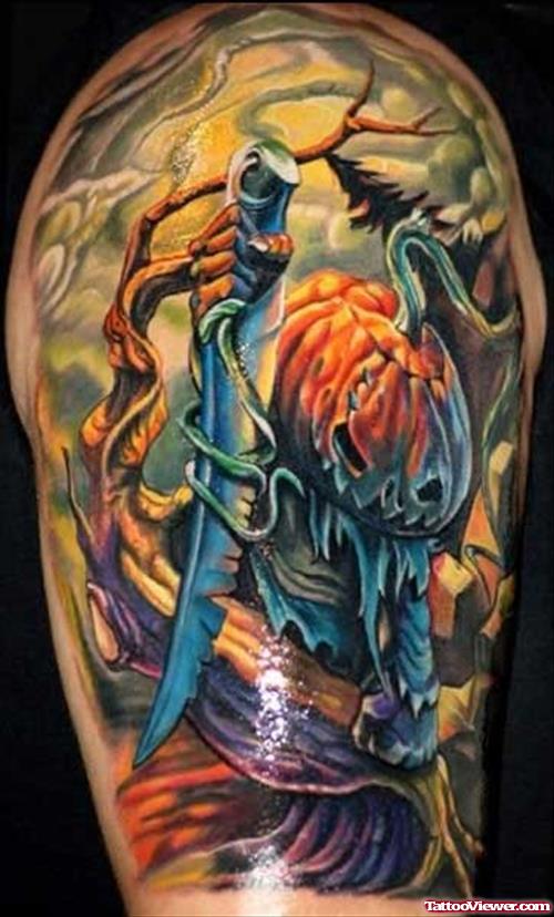 Best Colored Halloween Tattoo On Half Sleeve
