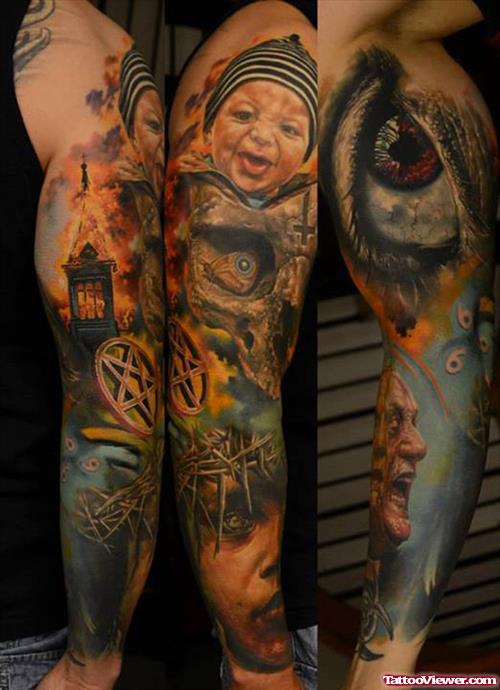Awesome Colored Halloween Tattoo