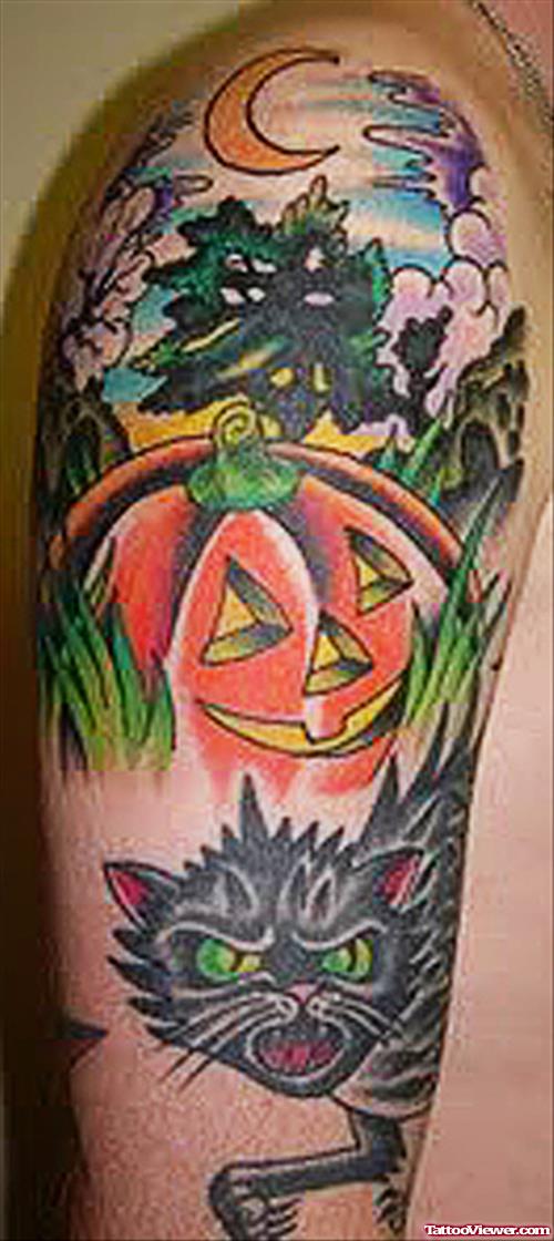 Awesome Color Ink Halloween Tattoo On Man Right Half Sleeve