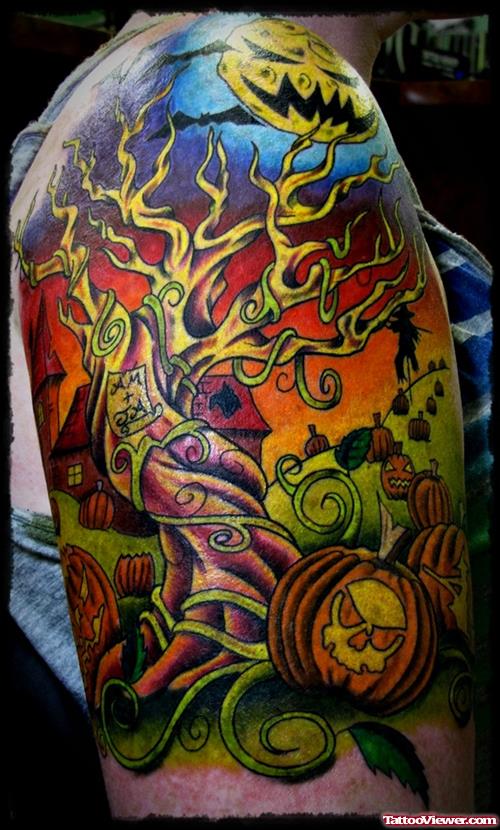Amazing Colored Halloween Tattoo On Shoulder