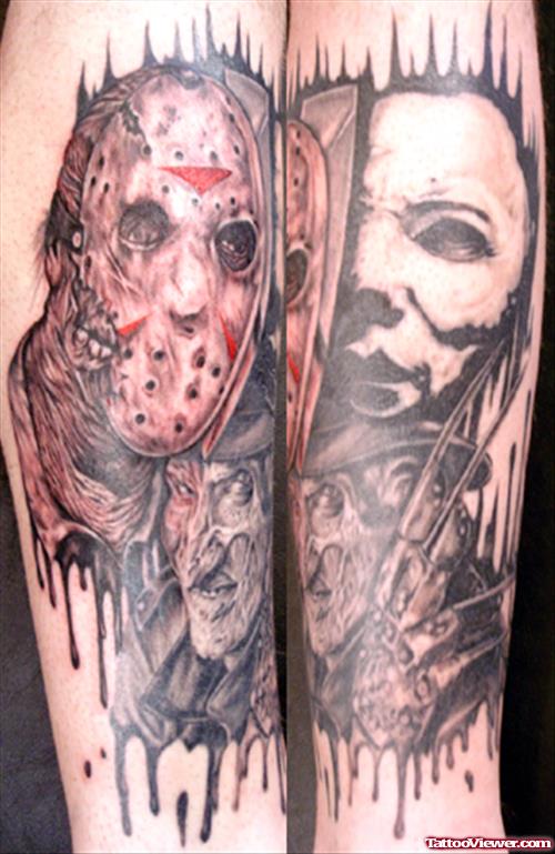Grey Ink Jason Mask And Halloween Tattoos On Both Sleeves