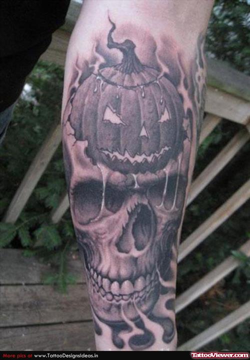 Grey Ink Halloween Pumpkin Tattoo On Leg