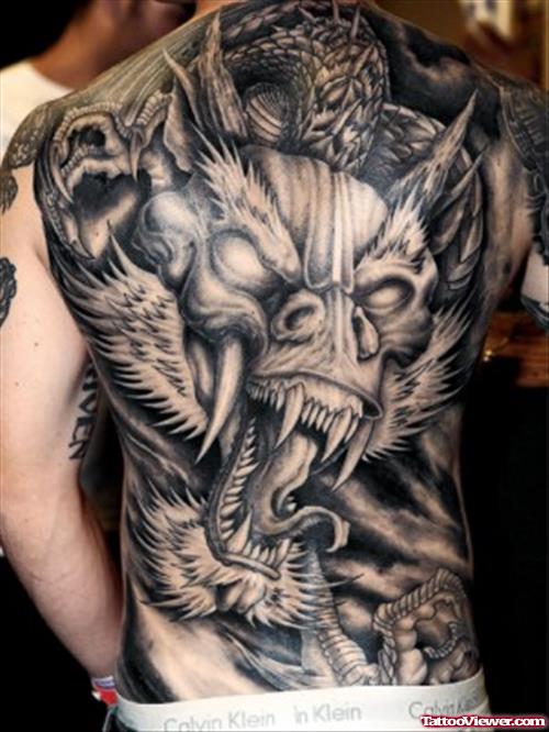 Grey Ink Halloween Dragon Tattoo On Back