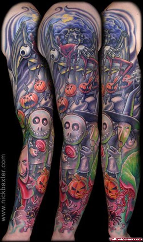 Colored Halloween Tattoo On Left Sleeve