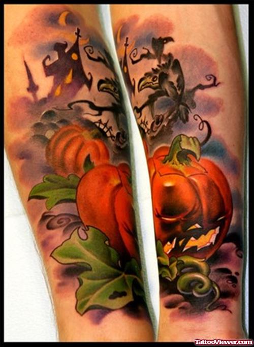 Color Ink Halloween Pumpkin Tattoo On Sleeve