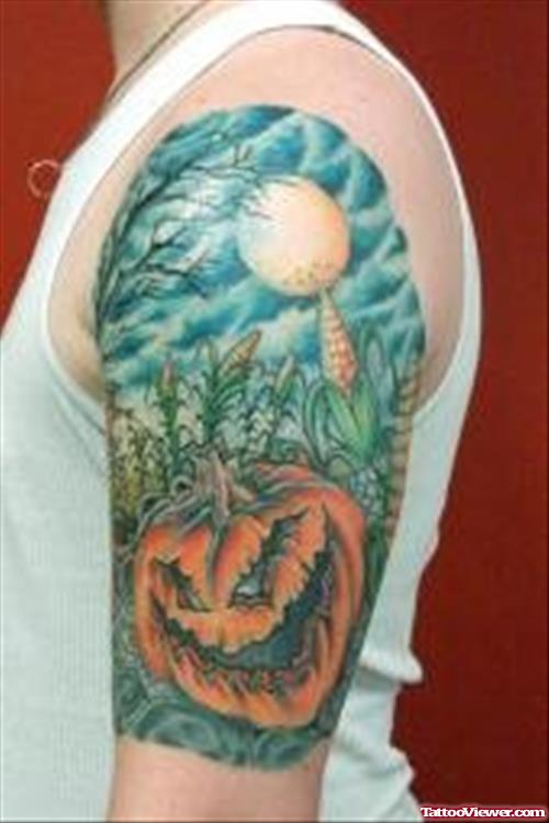 Color Halloween Tattoo On Left Half Sleeve