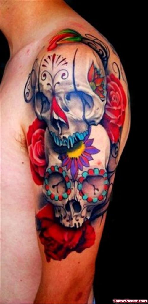 Color Flowers And Halloween Skulls Tattoos On Half Sleeve