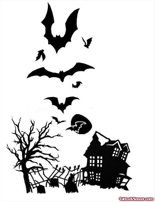 Black Ink Flying Bats Halloween Tattoo Design