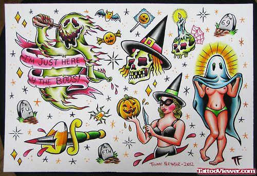 Wonderful Colored Halloween Tattoos Designs