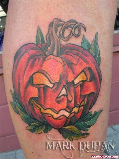 Pumpkin Halloween Tattoo On Leg