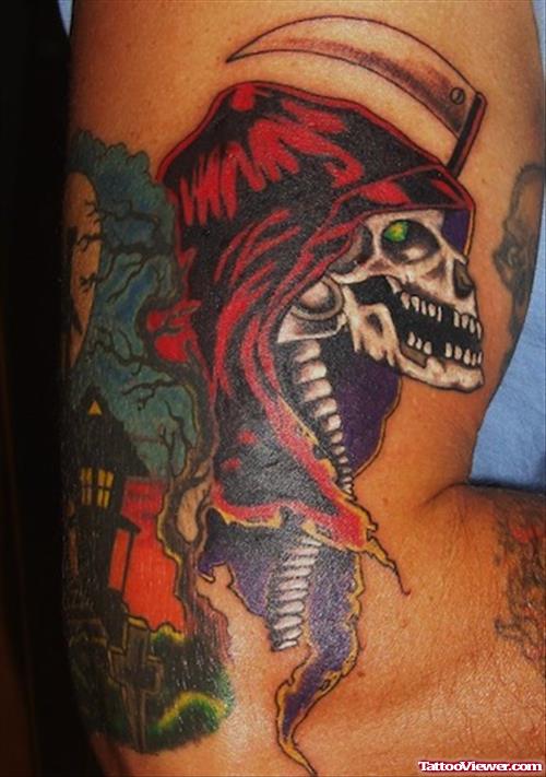 Grim Reaper Halloween Tattoo On Right Half Sleeve