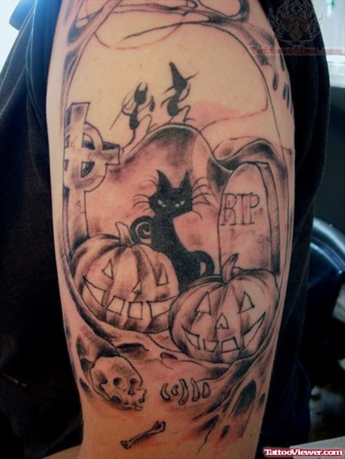 Grey Ink Halloween Tattoo On Left Half Sleeve