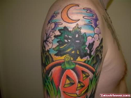Color Ink Halloween Tattoo On Man Right Half Sleeve