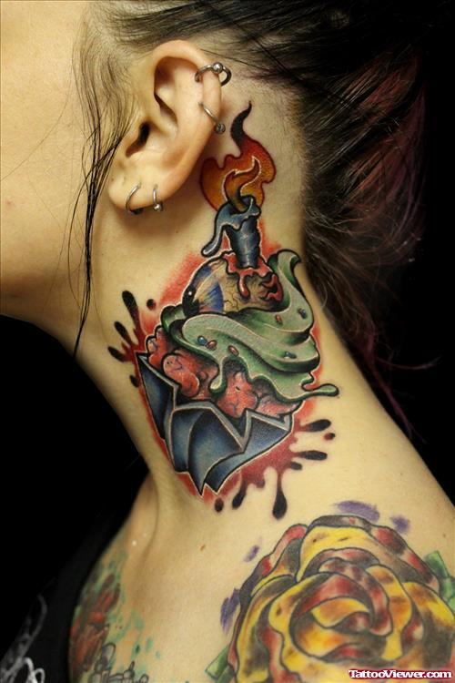 Burning Candle In Cupcake Halloween Tattoo On Side Neck
