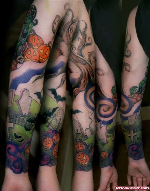 Awesome Colored Halloween Tattoo On Full Sleeve