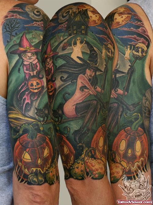 Crazy Colored Halloween Tattoo On Full Sleeve