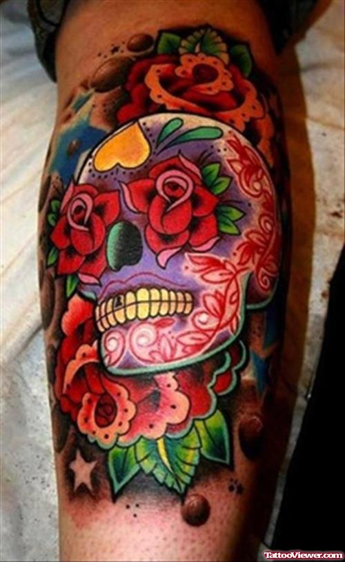 Colored Flowers And Sugar Skull On Leg