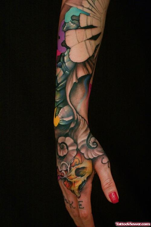 Color Ink Halloween Tattoo On Right Arm