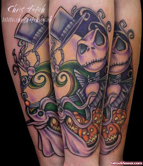 Awesome Color Nightmare Halloween Tattoo On Full SLeeve