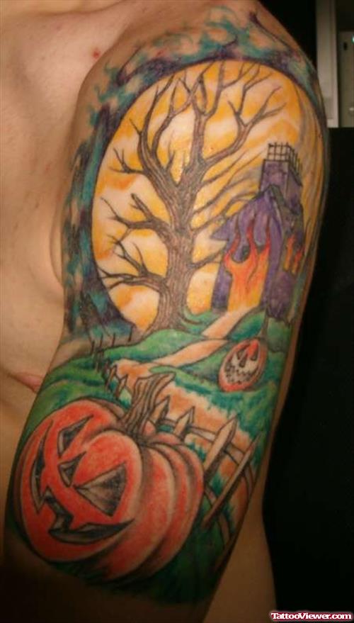 Attractive Colored Halloween Tattoo On Left Sleeve