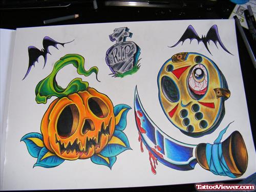 Jason Mask And Pumpkin Halloween Tattoo Design