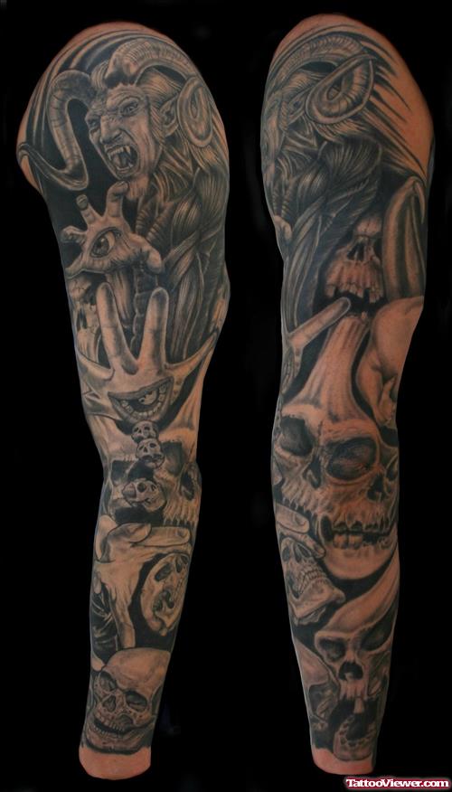 Grey Ink Halloween Sleeve Tattoos Design