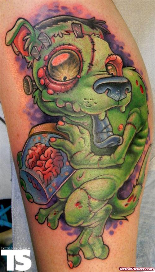 Green Ink Halloween Tattoo On Leg