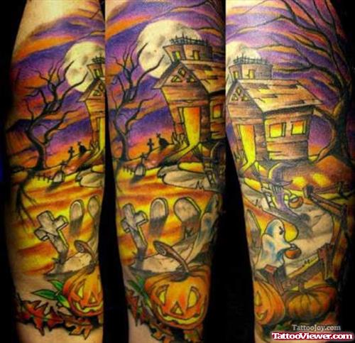 Color Halloween Tattoo On Full Sleeve