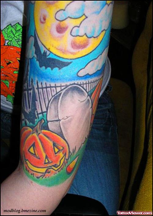 Best Colored Halloween Tattoo On Left Sleeve