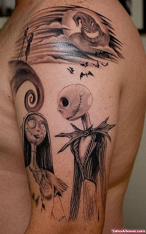 Grey Ink Nightmare Halloween Tattoo On Man Left Sleeve