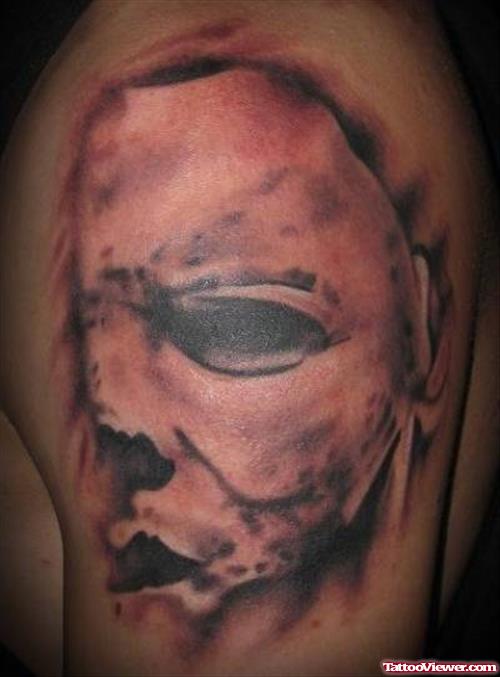 Grey Ink Jason Halloween Tattoo On Left Half Sleeve