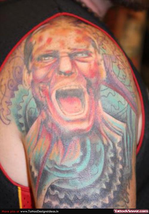 Colored Halloween Tattoo On Man Right Shoulder