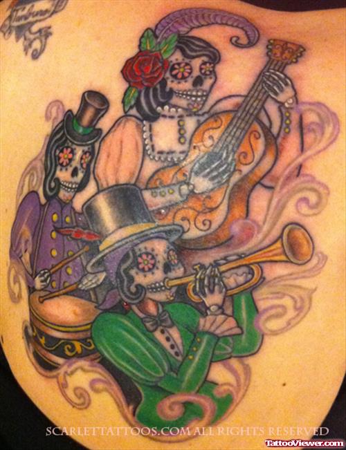 Colored Halloween Tattoo On BAck