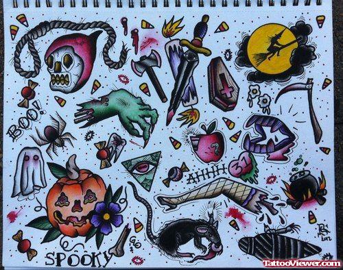 Awesome Colored Halloween Tattoos Designs