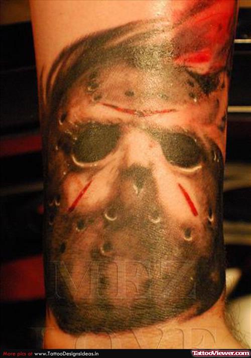 Grey Ink Jason Mask Halloween Tattoo
