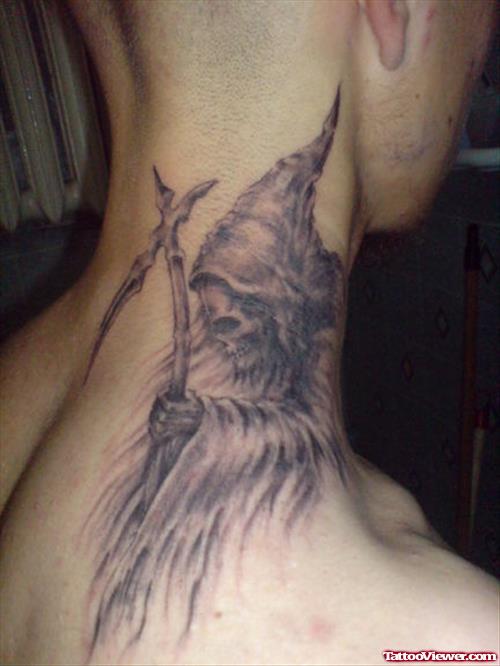 Grey Ink Death Grim Reaper Halloween Tattoo On Side Neck