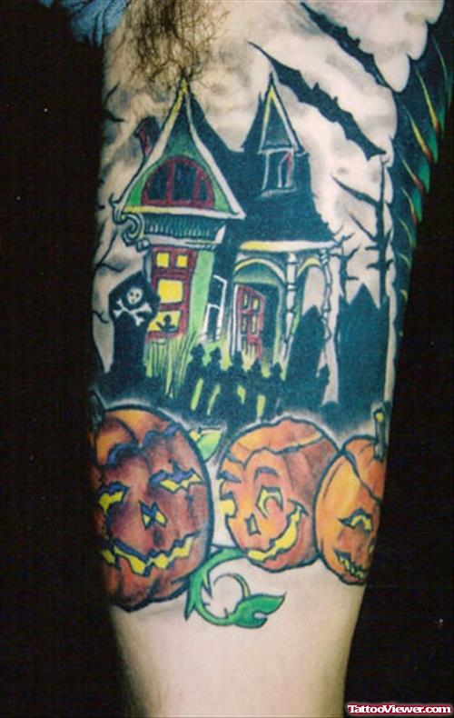 Colored Halloween Tattoos on Sleeve