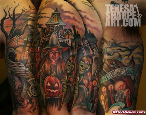 Colored Halloween Tattoo On Sleeve For Men